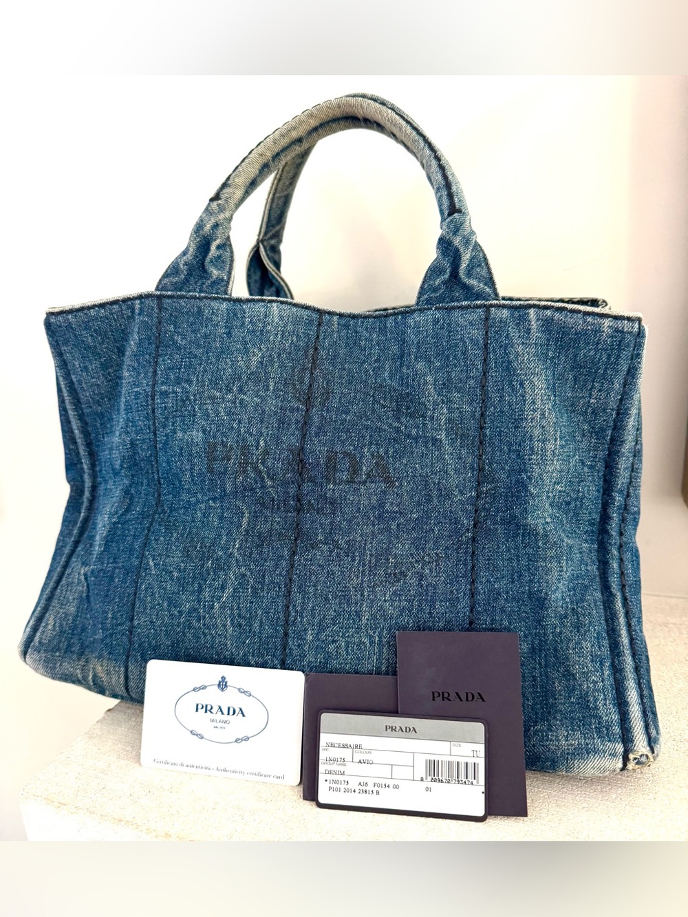PRADA Canapa Denim Tote Bag Large Blue Denim Authentication Card